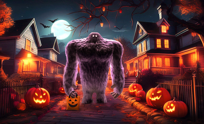 Monster standing on a spooky neighborhood street with a trick-or-treat bag.