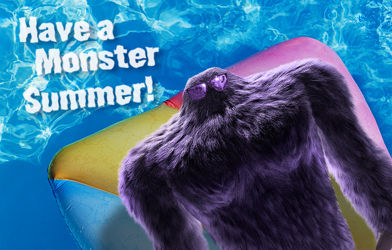 Monster wearing sunglasses laying on a pool float