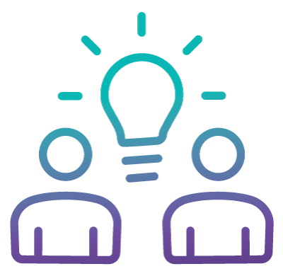 Two people icons with a lightbulb in between them - Vermont Case Management and Labor Exchange